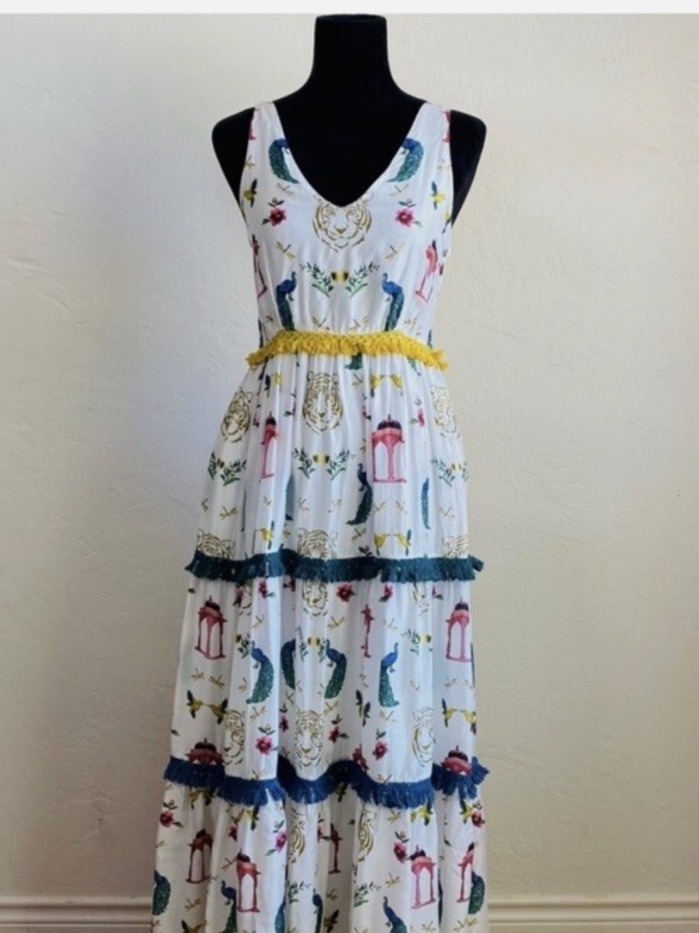 Boho White Peacock Print Tiered Maxi Dress with Tassel Trim
